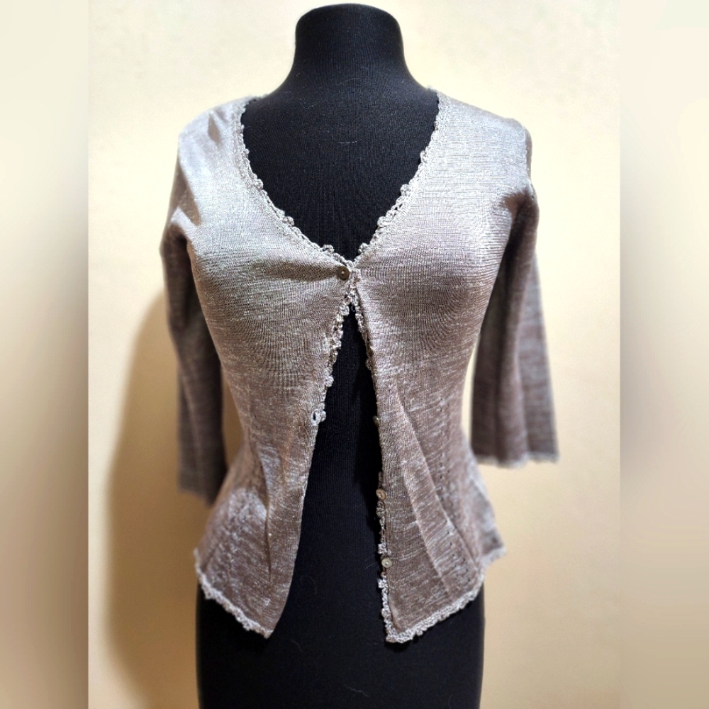 Warehouse metallic Silver crochet trim shrug cardigan USA 8 UK 12 NWOT